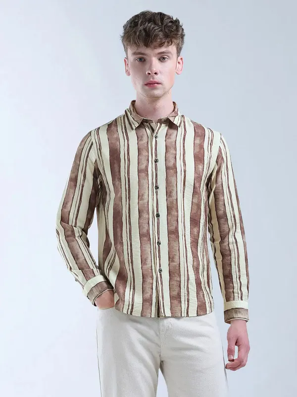 FLYING MACHINE lime and brown stripe shirt