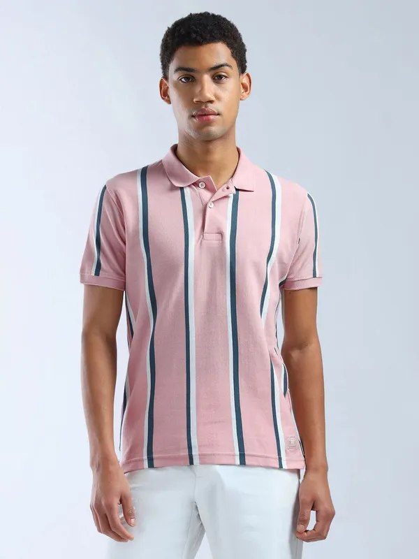 FLYING MACHINE pastel pink stripe half sleeve polo t-shirt