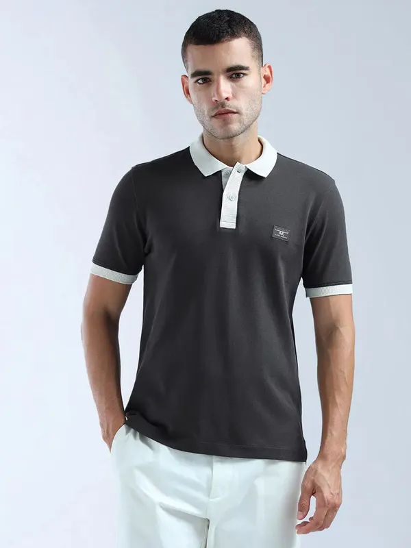 FLYING MACHINE plain ash grey slim fit polo t-shirt
