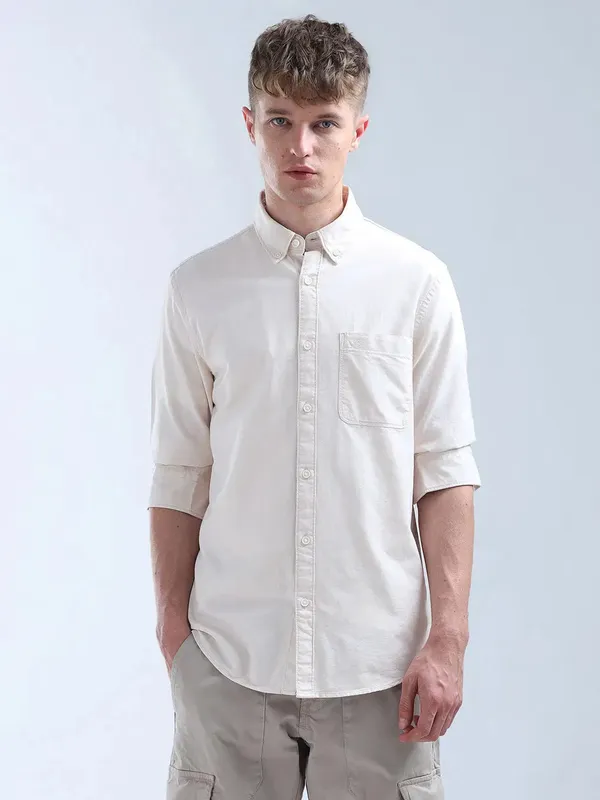 FLYING MACHINE plain beige cotton slim fit shirt