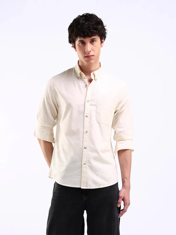 FLYING MACHINE plain cream cotton shirt