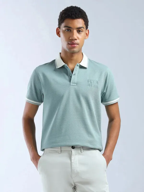 FLYING MACHINE polo neck aqua blue t-shirt