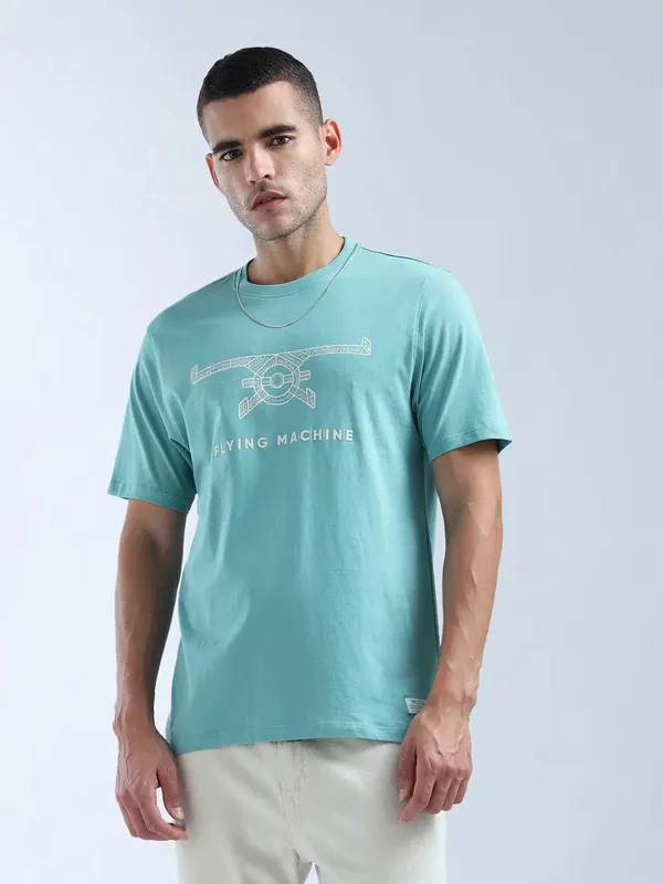 FLYING MACHINE printed aqua cotton slim fit t-shirt