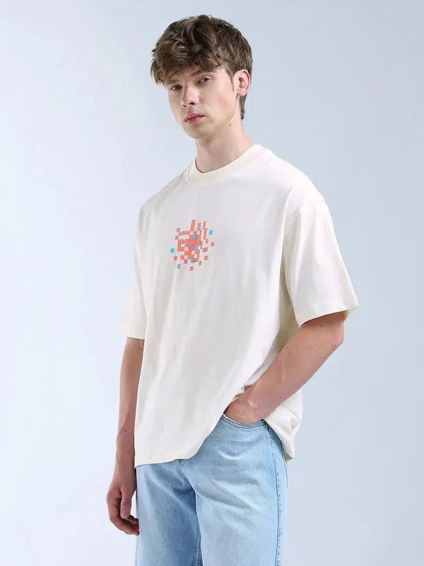 FLYING MACHINE printed beige oversize t-shirt