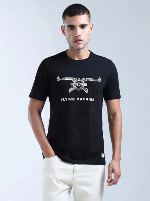 FLYING MACHINE printed black cotton slim fit t-shirt