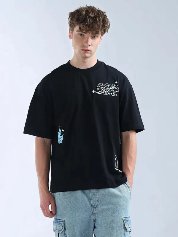 FLYING MACHINE printed black oversize t-shirt for men