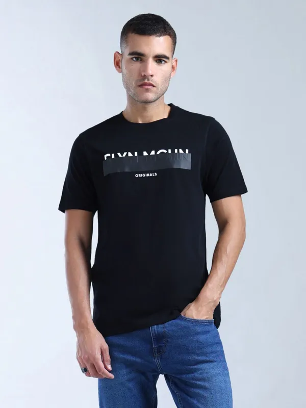 FLYING MACHINE printed black round neck t-shirt