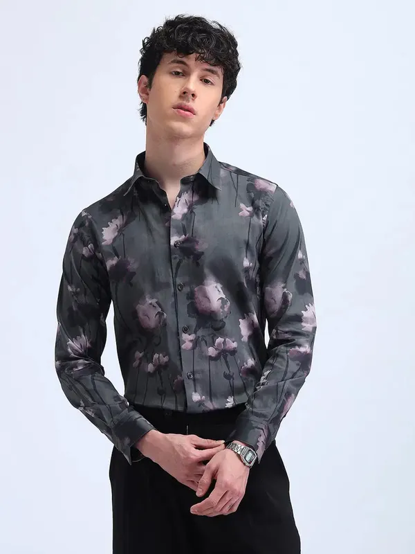FLYING MACHINE printed dark grey cotton shirt