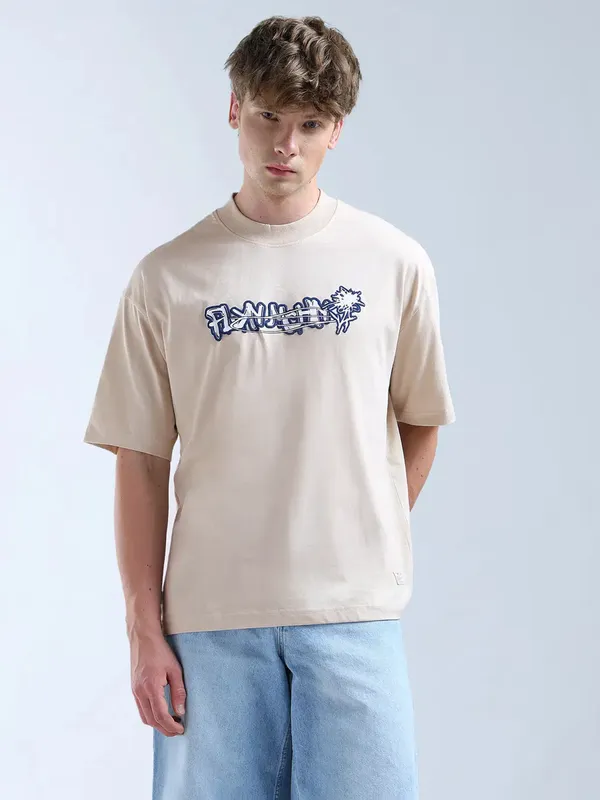 FLYING MACHINE printed light cream oversize t-shirt
