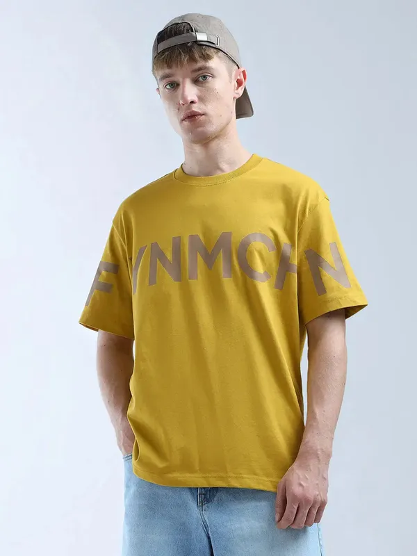FLYING MACHINE printed mustard yellow oversize t-shirt