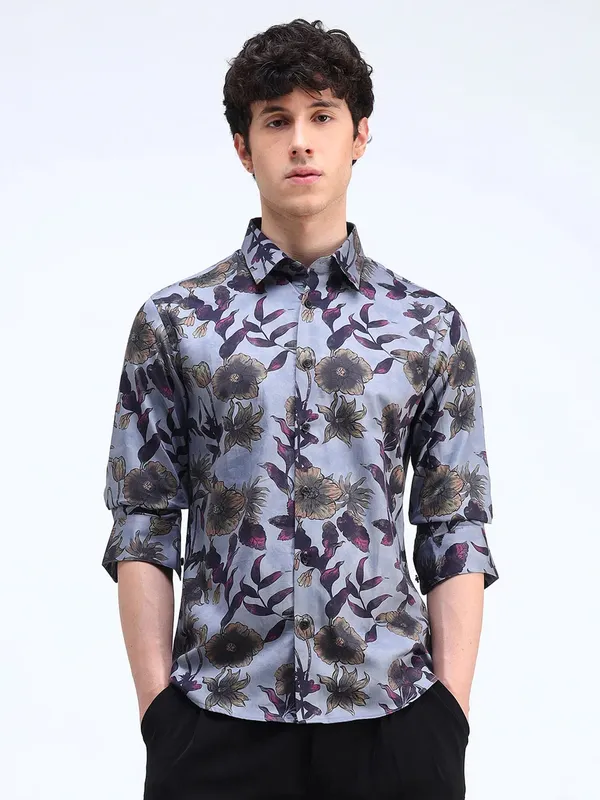FLYING MACHINE printed sky blue cotton shirt