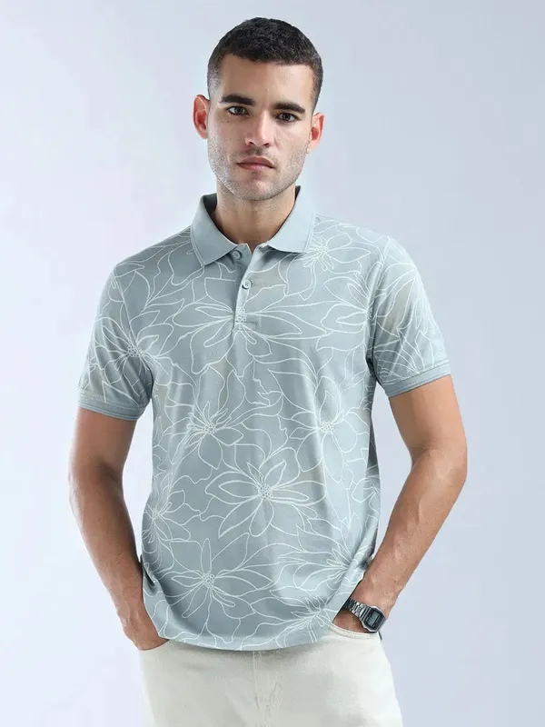 FLYING MACHINE printed stone blue mens polo t-shirt