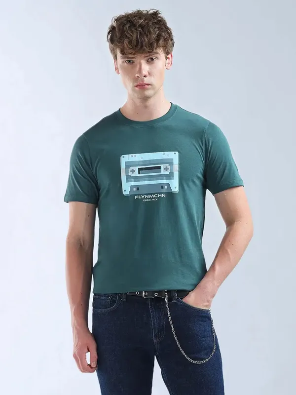 FLYING MACHINE rama green printed cotton t-shirt