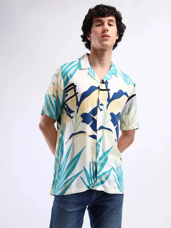 FLYING MACHINE sky blue printed shirt cotton