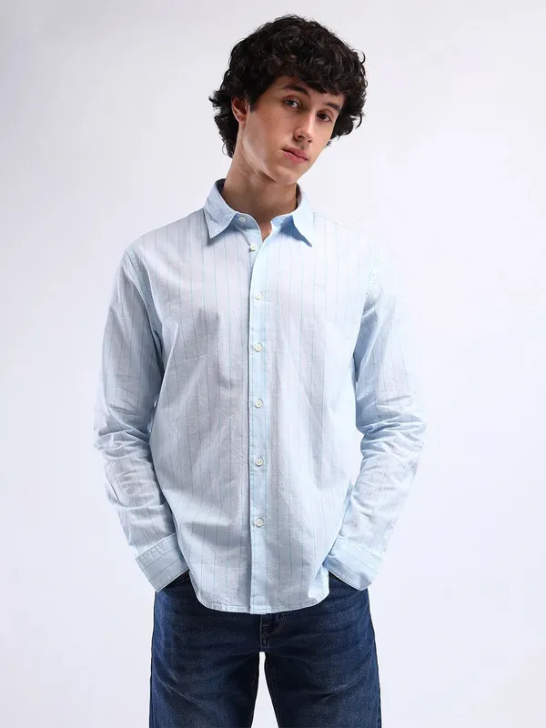 FLYING MACHINE sky blue stripe cotton shirt