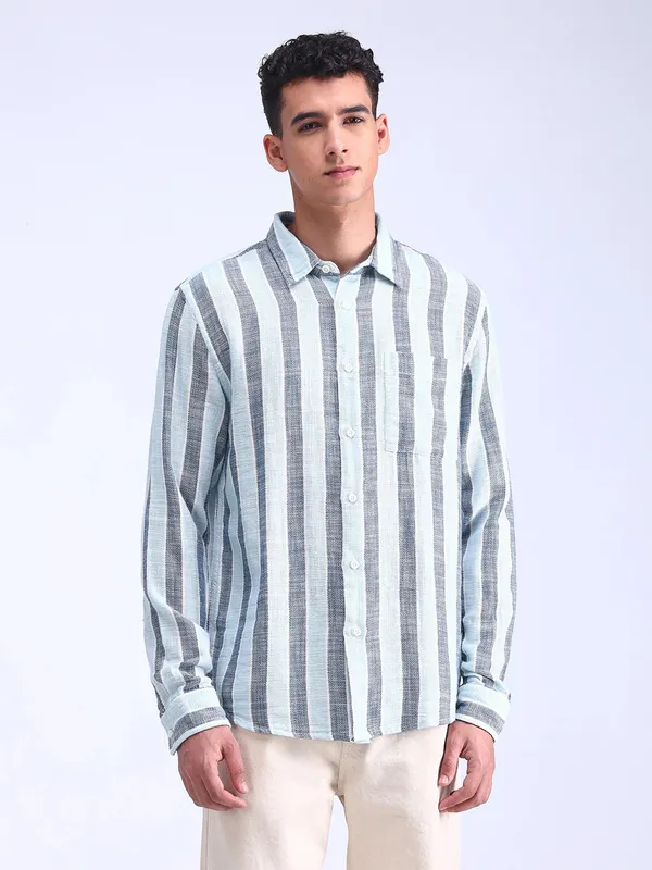 FLYING MACHINE sky blue stripe cotton slim fit shirt