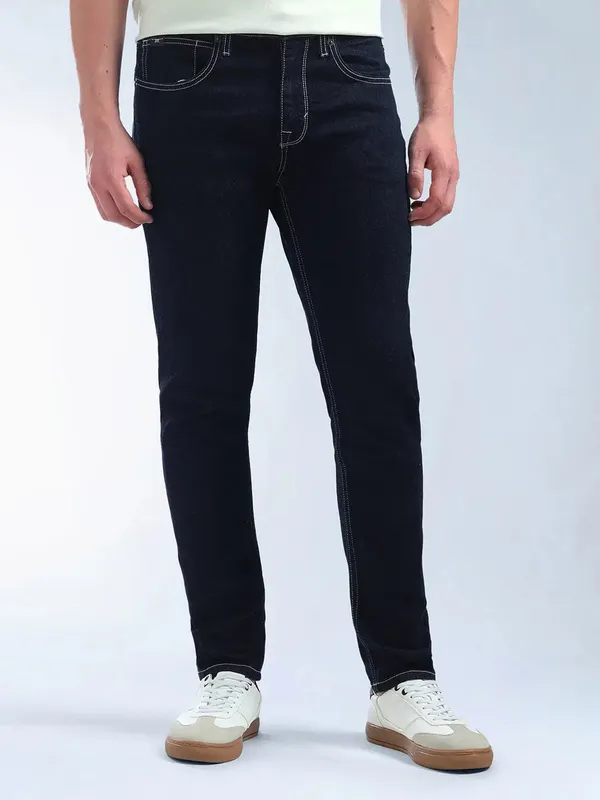 FLYING MACHINE solid dark navy slim tapered denim