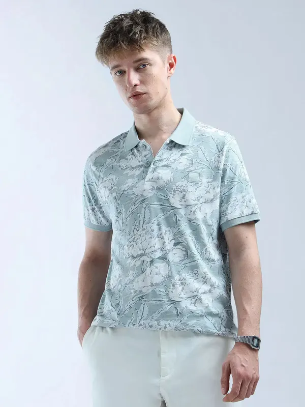 FLYING MACHINE stone blue floral printed polo t-shirt