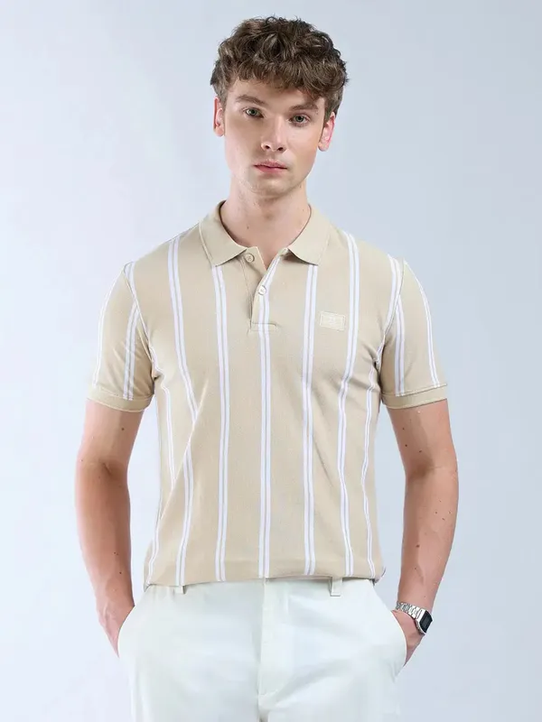 FLYING MACHINE striped beige cotton polo t-shirt