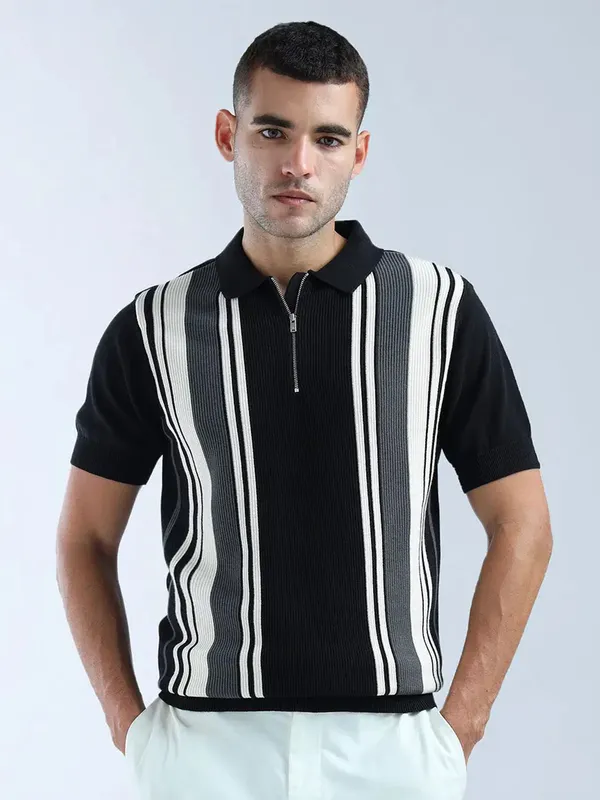 FLYING MACHINE striped cotton zipper polo t-shirt