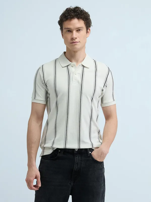 FLYING MACHINE striped cream cotton t-shirt
