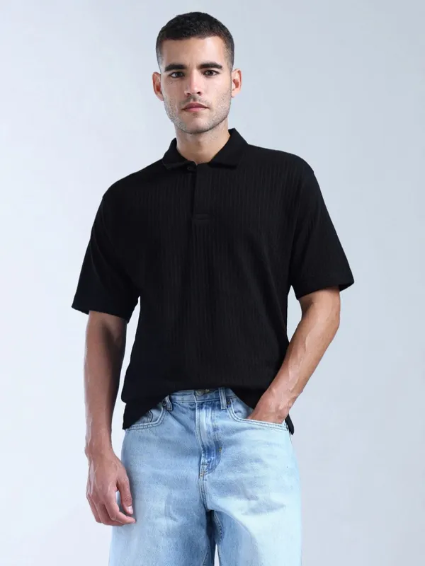 FLYING MACHINE textured black slim fit polo t-shirt
