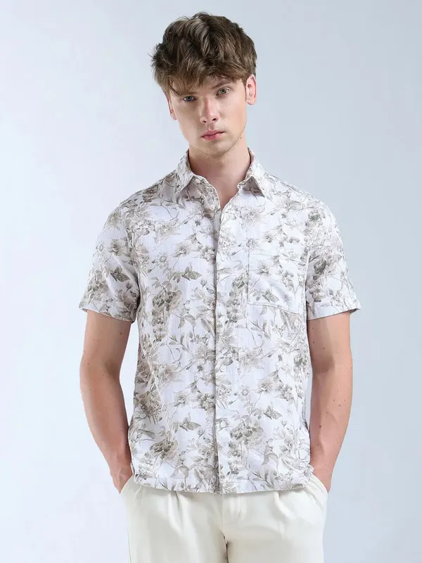 FLYING MACHINE white and beige printed casual shirt