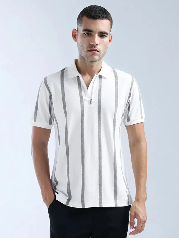 FLYING MACHINE white striped zipper polo t-shirt
