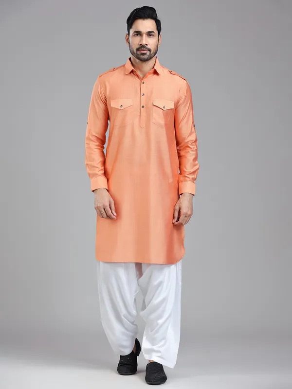 Freshy salmon peach pathani suit for men