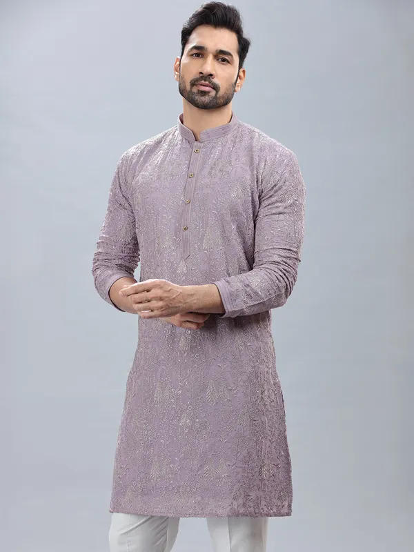 Georgette based lilac fetive wear kurta set for men