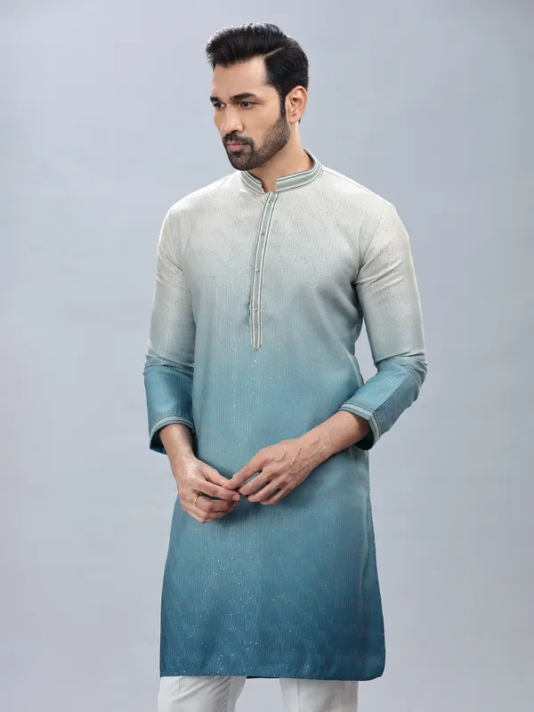 Georgette based sky blue ombre style kurta set for men