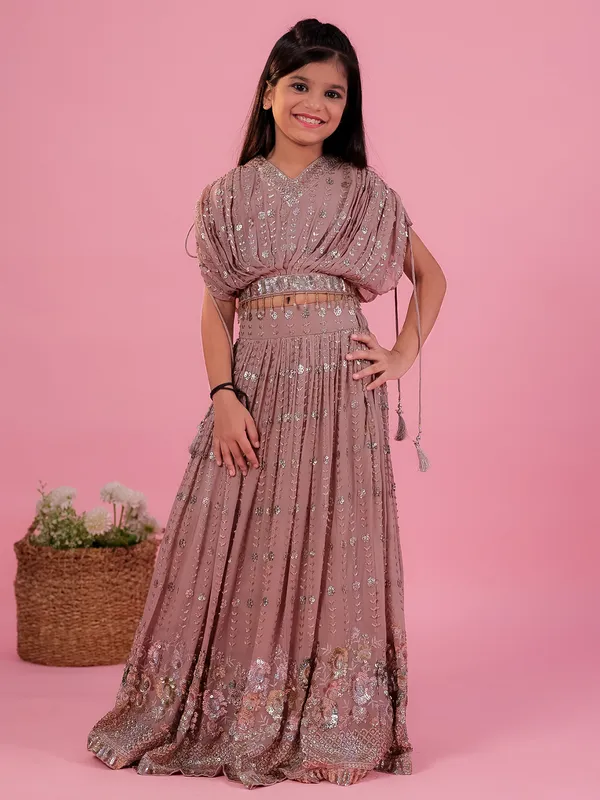 Georgette light wine lehenga choli in sequins work for girls