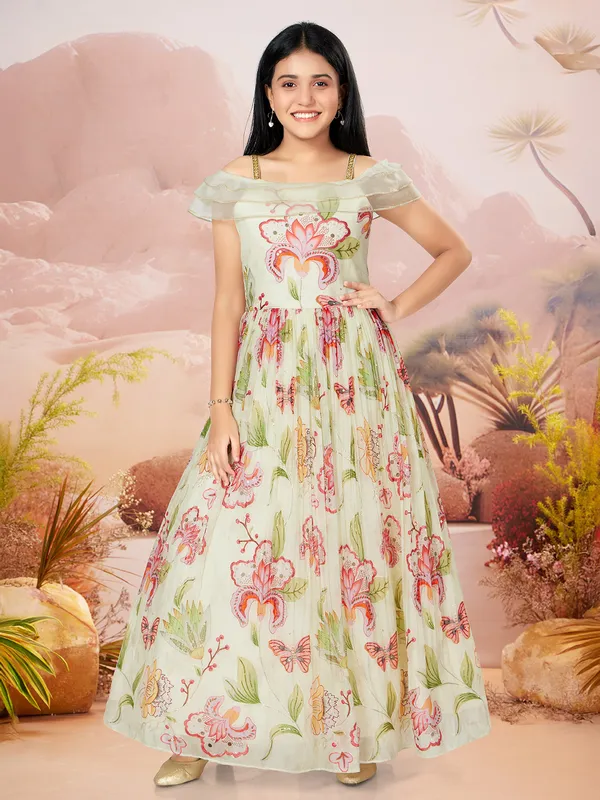 Georgette pista green gown for girls