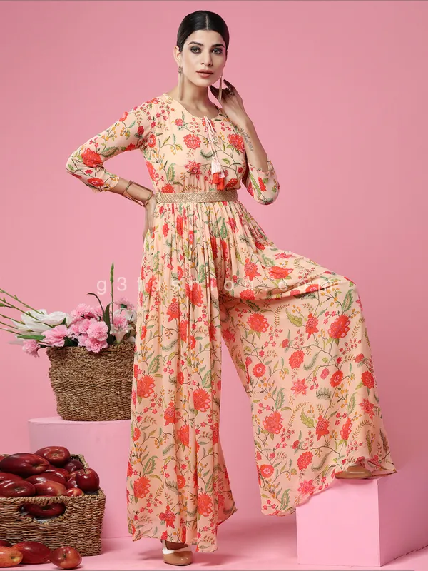 Peach georgette printed party wear jumpsuit