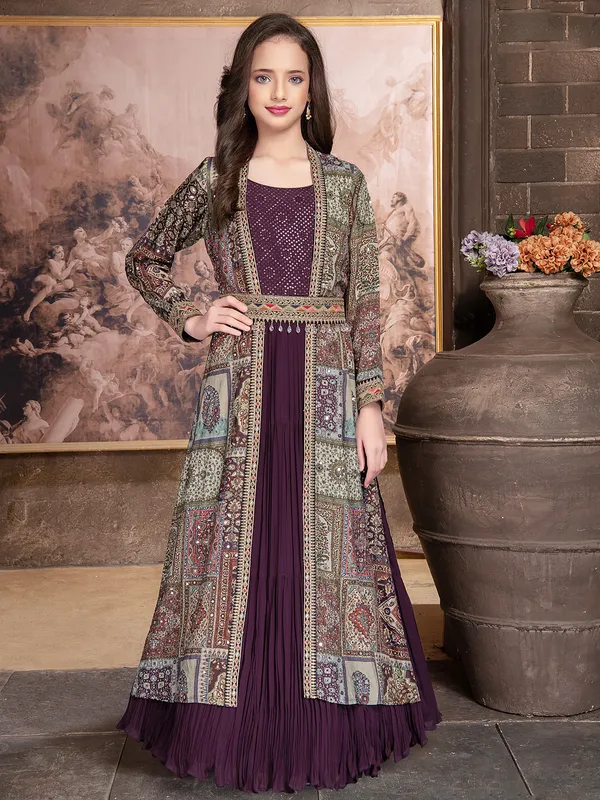 Georgette purple gown with printed shrug