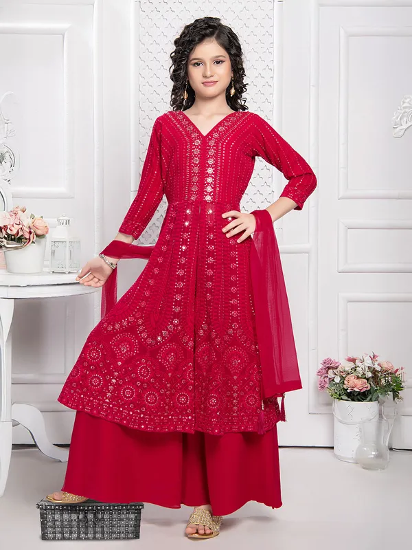 Georgette red palazzo sawar suit
