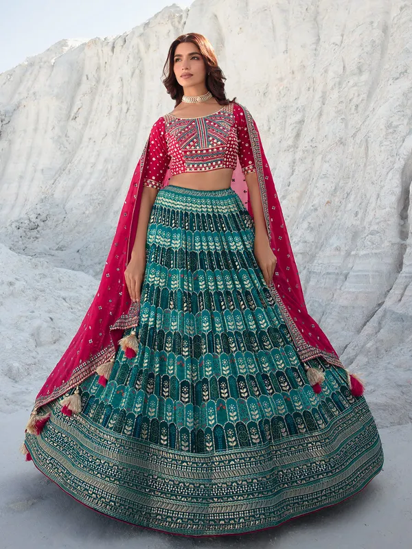 Georgette wedding lehenga choli in rama green