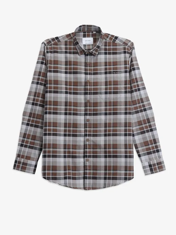 GIANTI khaki cotton checkered full sleeve shirt