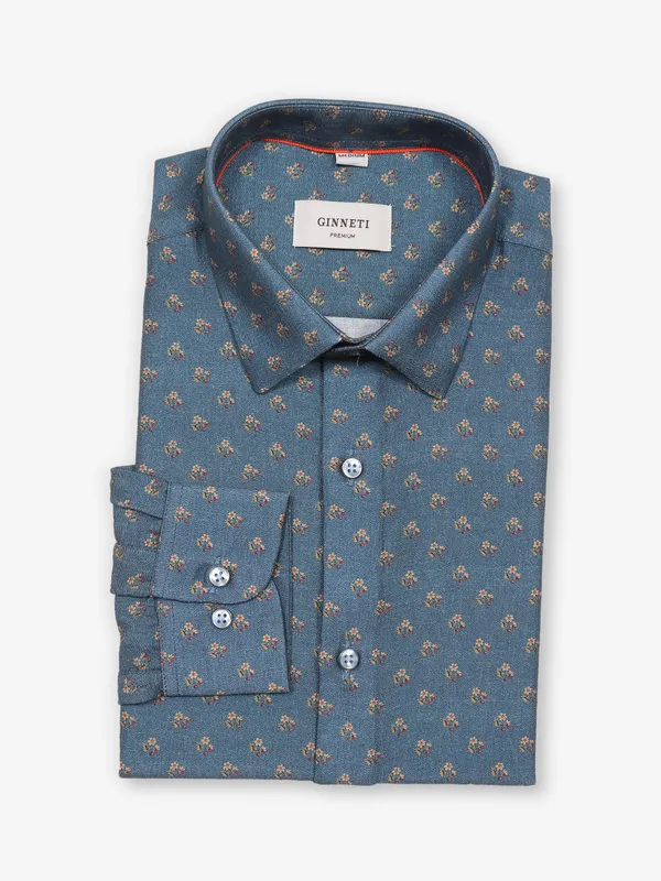 GINNETI printed sky blue cotton shirt