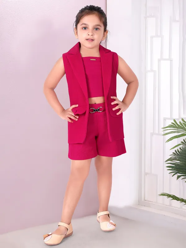 Girls textured cotton co ord set in magenta