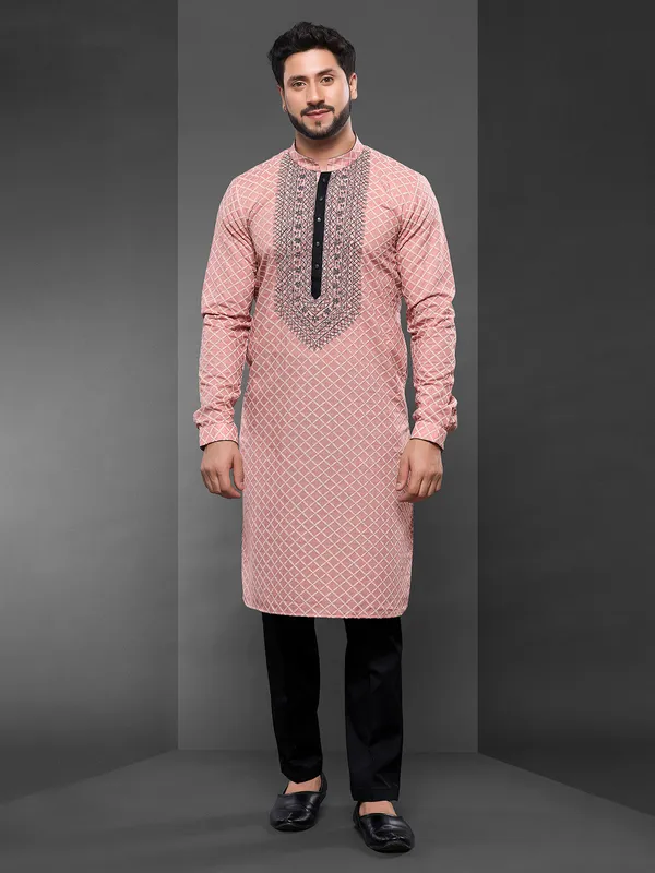 Glamorous Light peach cotton kurta suit for men