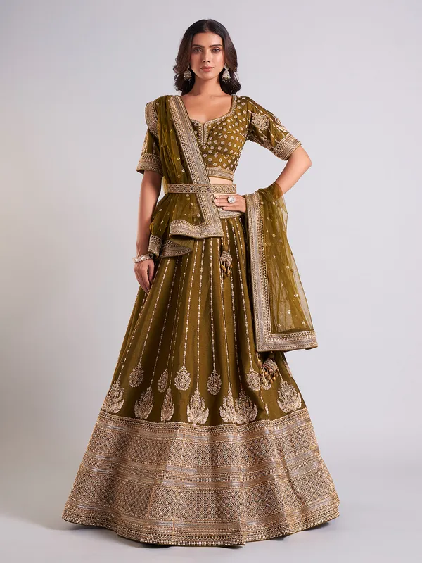 Glamorous olive raw silk lehenga choli