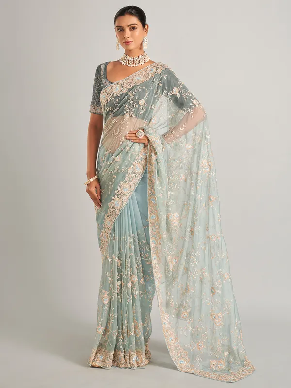 Glamorous sky blue saree in organzza silk