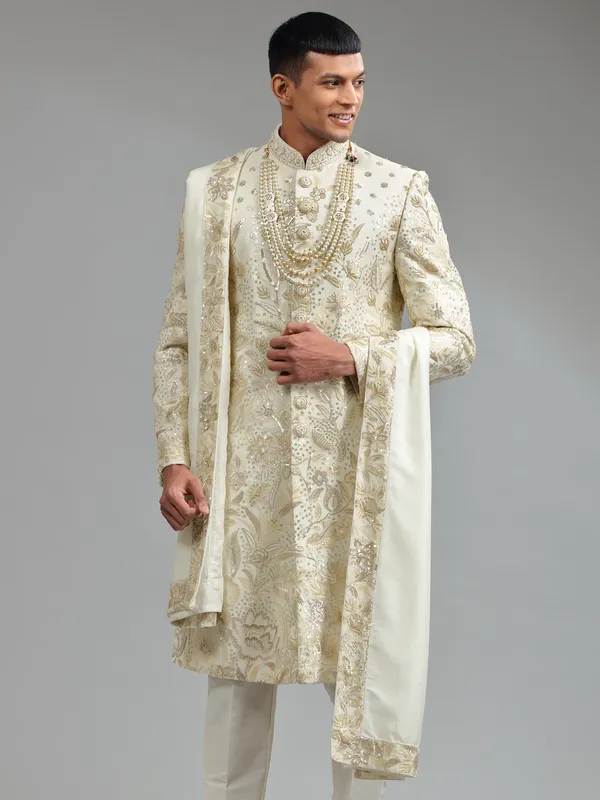 Glamorous white silk sherwani with bottom