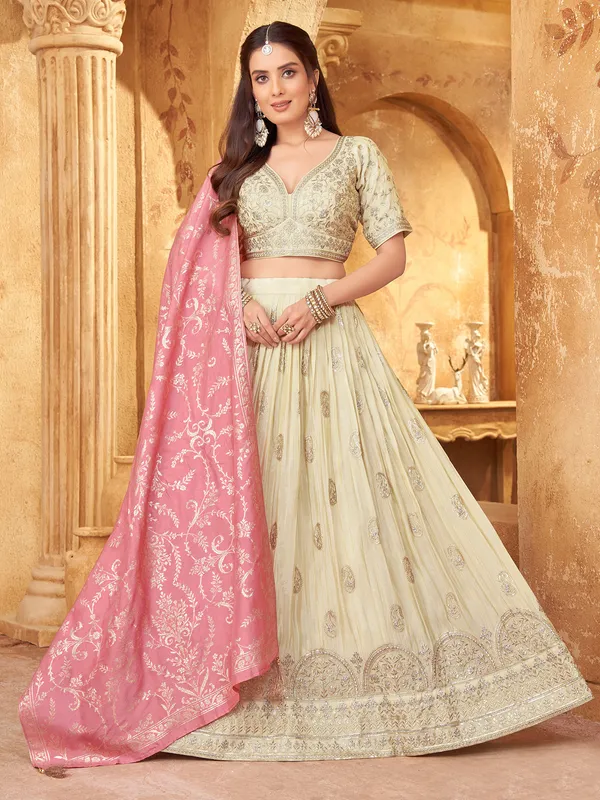 Glamour and grace beige lehenga choli in silk with dupatta