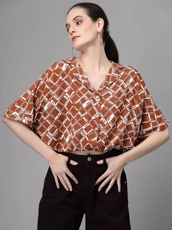 GLOBAL REPUBLIC brown printed crop shirt