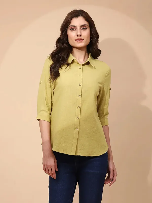 GLOBAL REPUBLIC light olive plain silk shirt