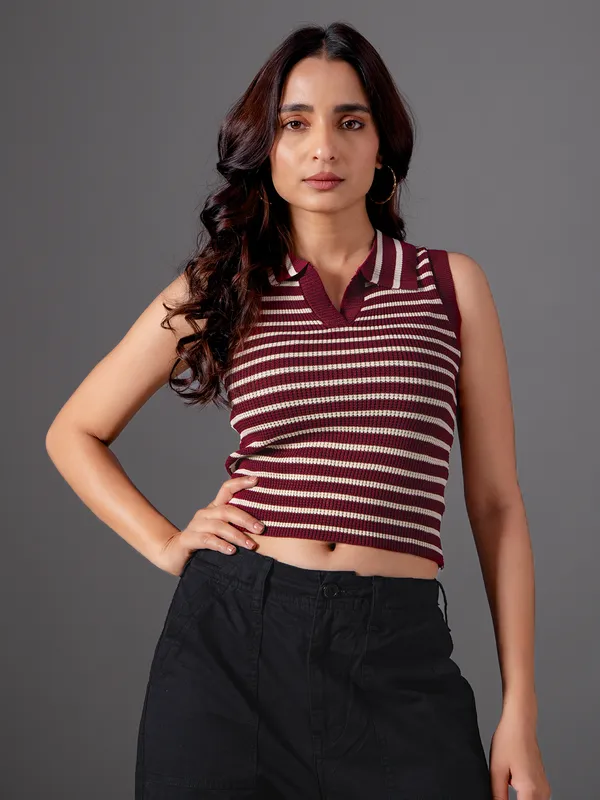 GLOBAL REPUBLIC wine stripe knitted top
