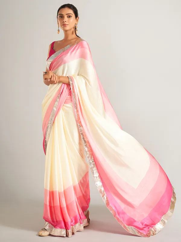 Glowing pink and cream masru silk saree