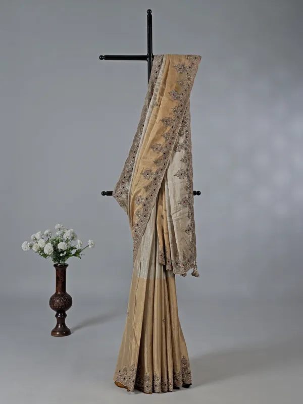 Gold and beige silk diamond work saree